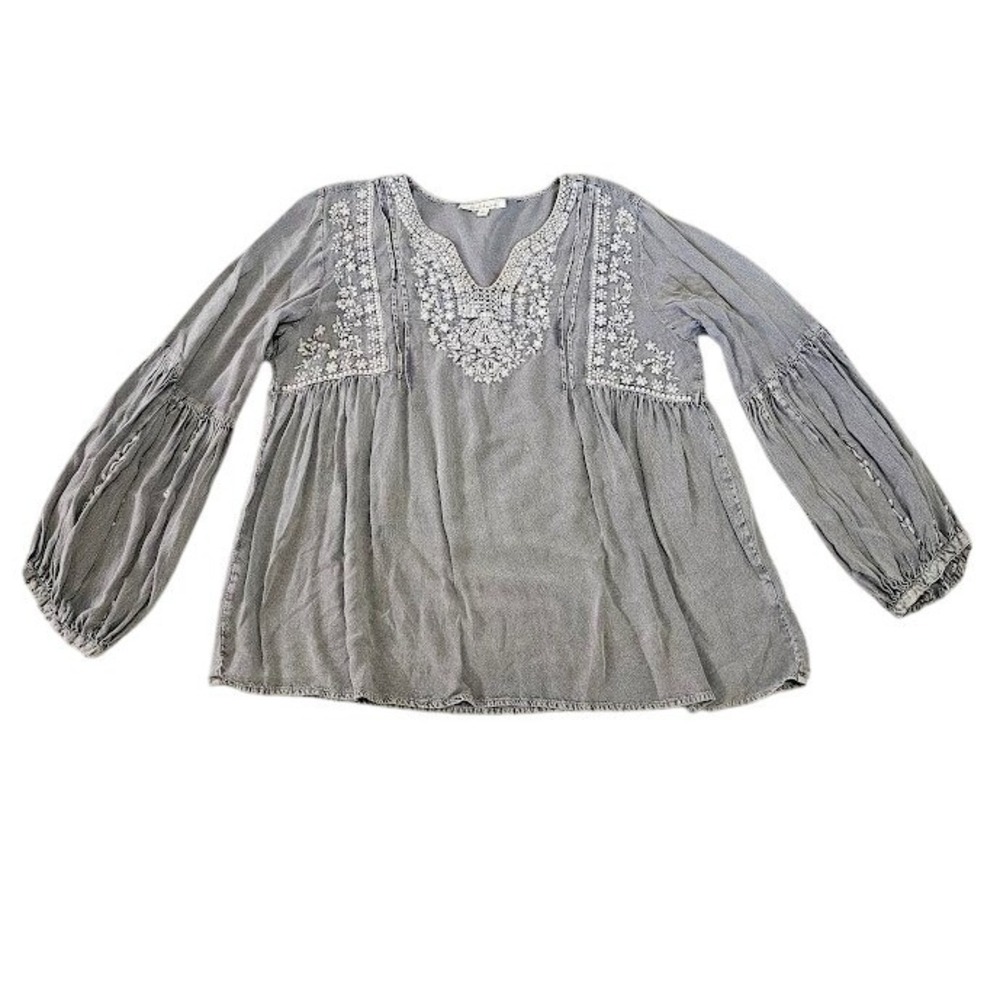 Solitaire Embroidered Boho Peasant Blouse Women Large Gray Top Long Sleeve